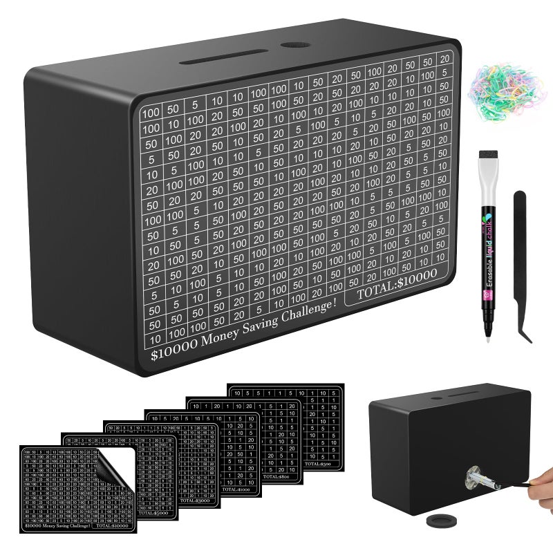 Gomyrod Wooden Money Saving Box Cash Vault Savings Box for 10000 5000 3000 1000 800 500 Target Money Saving Challenge Reusable Money Box with Counter Dry Erase PenSavings TrackersRubber BandBlack - Image 2