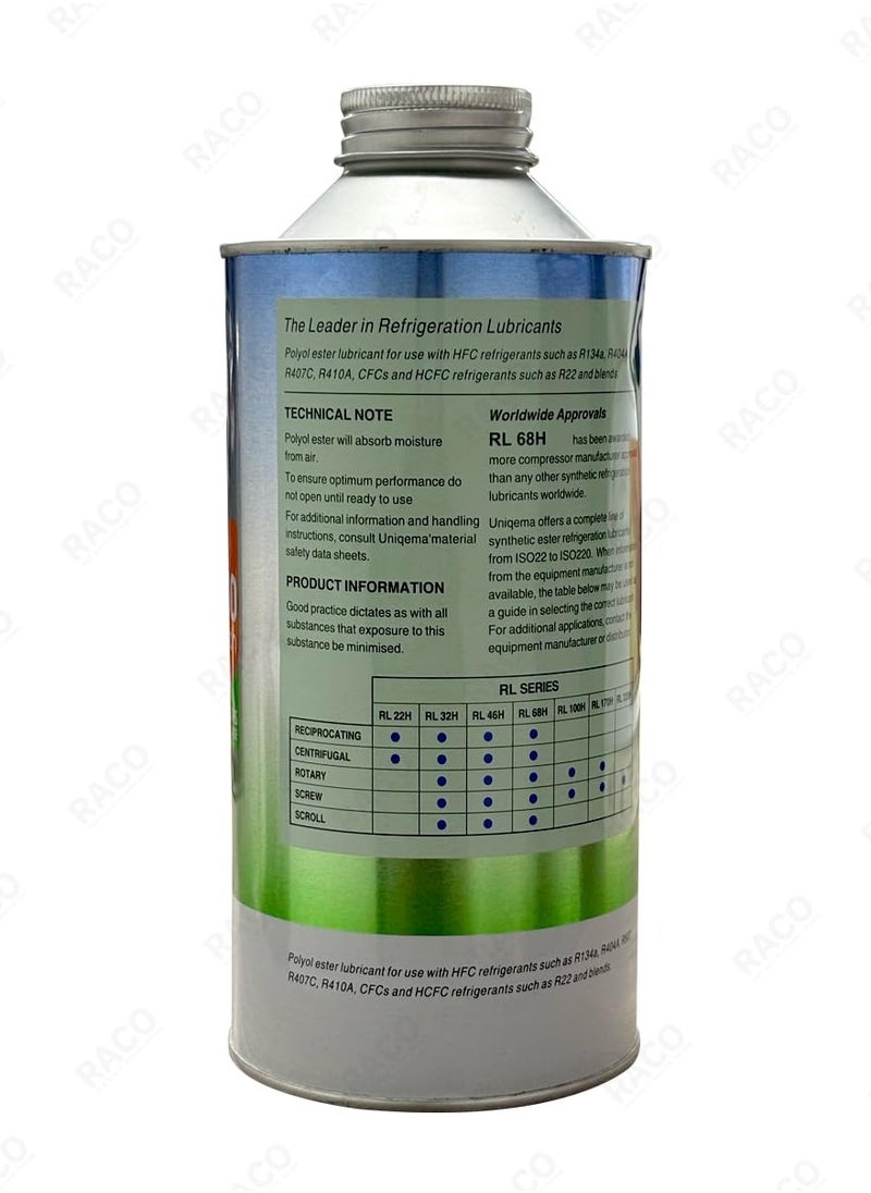 RACO Refrigeration Lubricant RL 68H Oil, 1 Liter Synthetic Polyol Ester for HFC Refrigeration and Air Conditioning Compressors