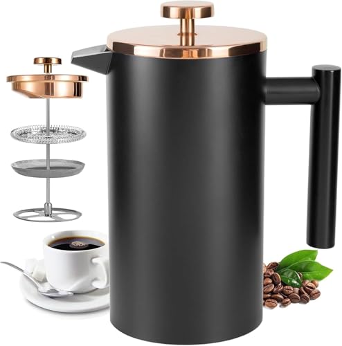 Miuly Cafetire 1000ml 8 Cup Stainless Steel French Press Coffee Maker DoubleWalled Insulated French Press for Home and Office With 2 Extra Filter and Coaster Mat 34oz Black