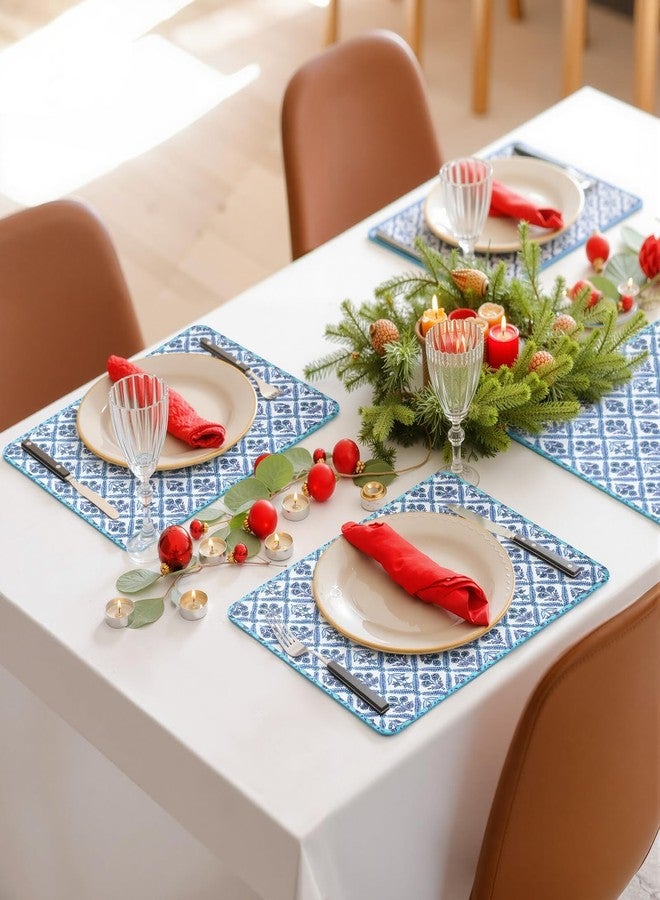Beeveer 6 Pcs India Block Printed Floral Quilted Placemats 14.5 x 20 Inches Blue Flowers Rectangular Placemats for Kitchens, Dining Table Decorations, Parties, Weddings, Restaurants, Spring, Summer - Image 4