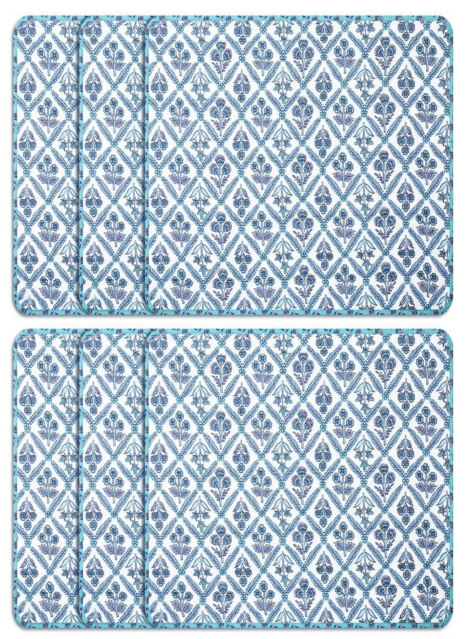 Beeveer 6 Pcs India Block Printed Floral Quilted Placemats 14.5 x 20 Inches Blue Flowers Rectangular Placemats for Kitchens, Dining Table Decorations, Parties, Weddings, Restaurants, Spring, Summer - Image 1