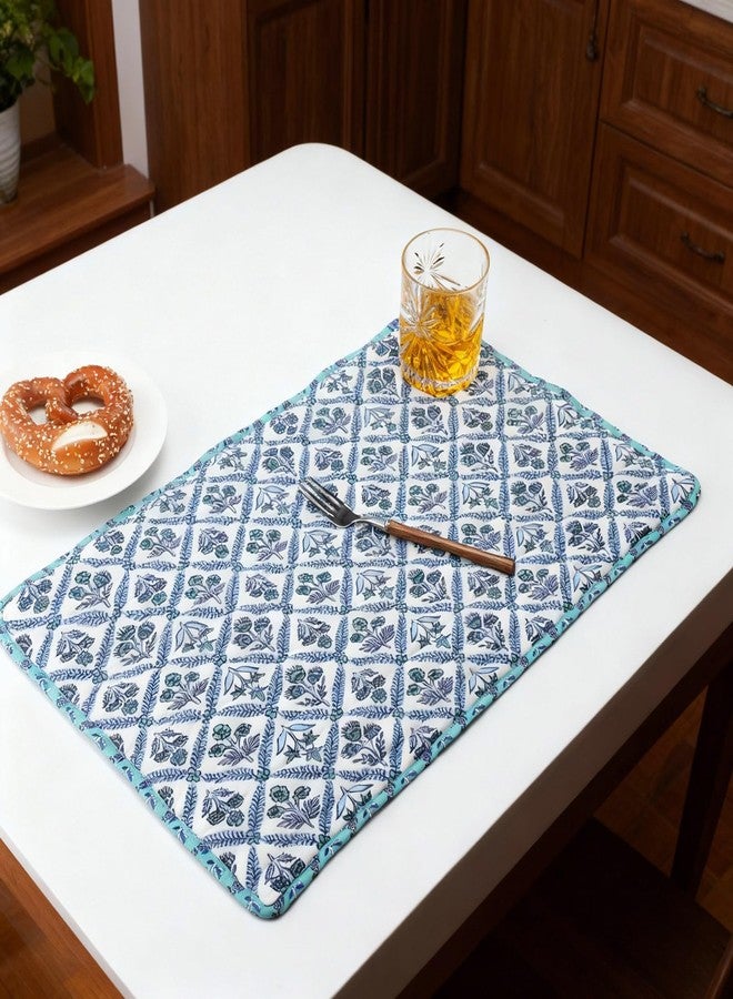 Beeveer 6 Pcs India Block Printed Floral Quilted Placemats 14.5 x 20 Inches Blue Flowers Rectangular Placemats for Kitchens, Dining Table Decorations, Parties, Weddings, Restaurants, Spring, Summer - Image 2