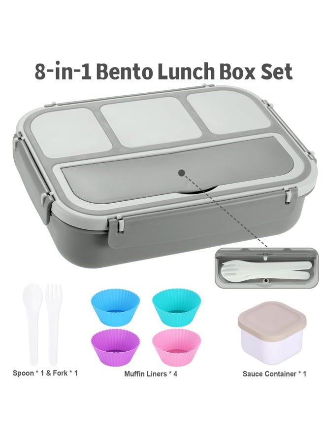 shell and turtle Bento Box Adult Lunch Box, Lunch Containers for Kids Girls Boys with 4 Compartments, Lunchable Food Container with Utensils, Sauce Jar, Muffin Liners, 40 Oz/5 Cup, Microwave & Dishwasher Safe, Gray - Image 5