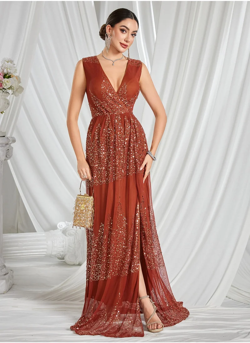 Madam Uniq Elegant V-Neck Sequin Evening Gown