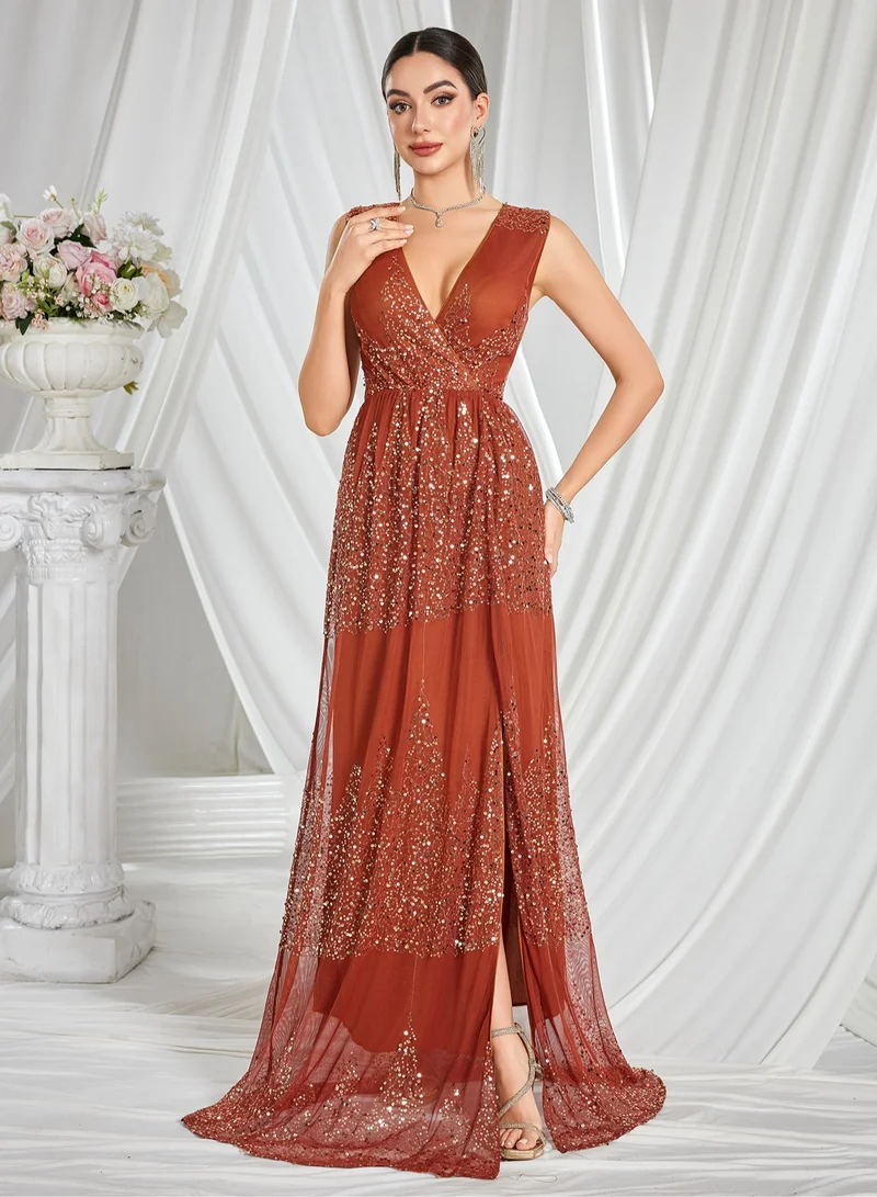 Madam Uniq Elegant Rust - Red Sequin Maxi Dress, Deep V - Neck & Side Slit, Formal Evening Gown