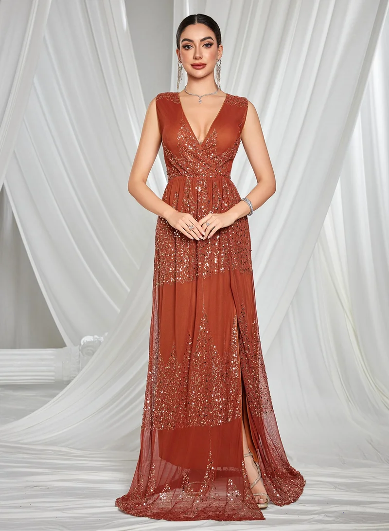 Madam Uniq Elegant Rust - Red Sequin Maxi Dress, Deep V - Neck & Side Slit, Formal Evening Gown