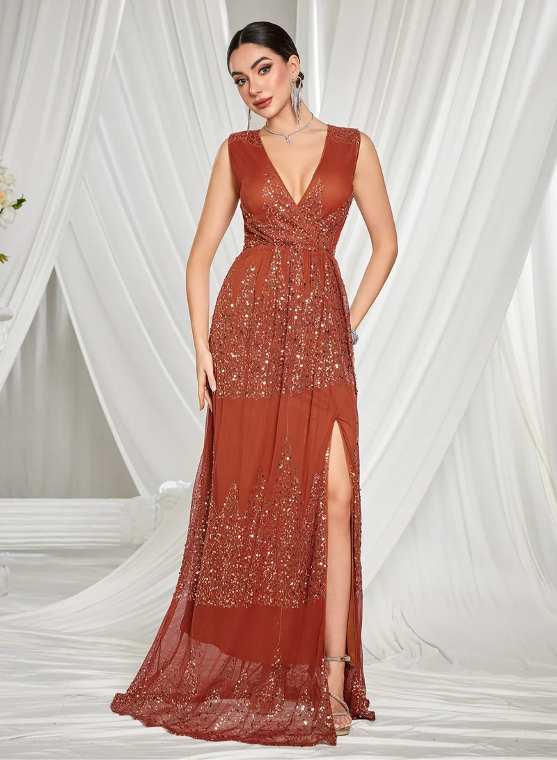 Madam Uniq Elegant Rust - Red Sequin Maxi Dress, Deep V - Neck & Side Slit, Formal Evening Gown