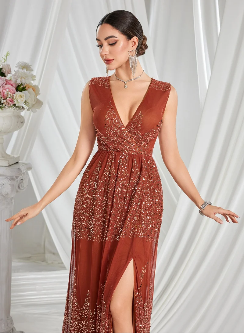 Madam Uniq Elegant Rust - Red Sequin Maxi Dress, Deep V - Neck & Side Slit, Formal Evening Gown