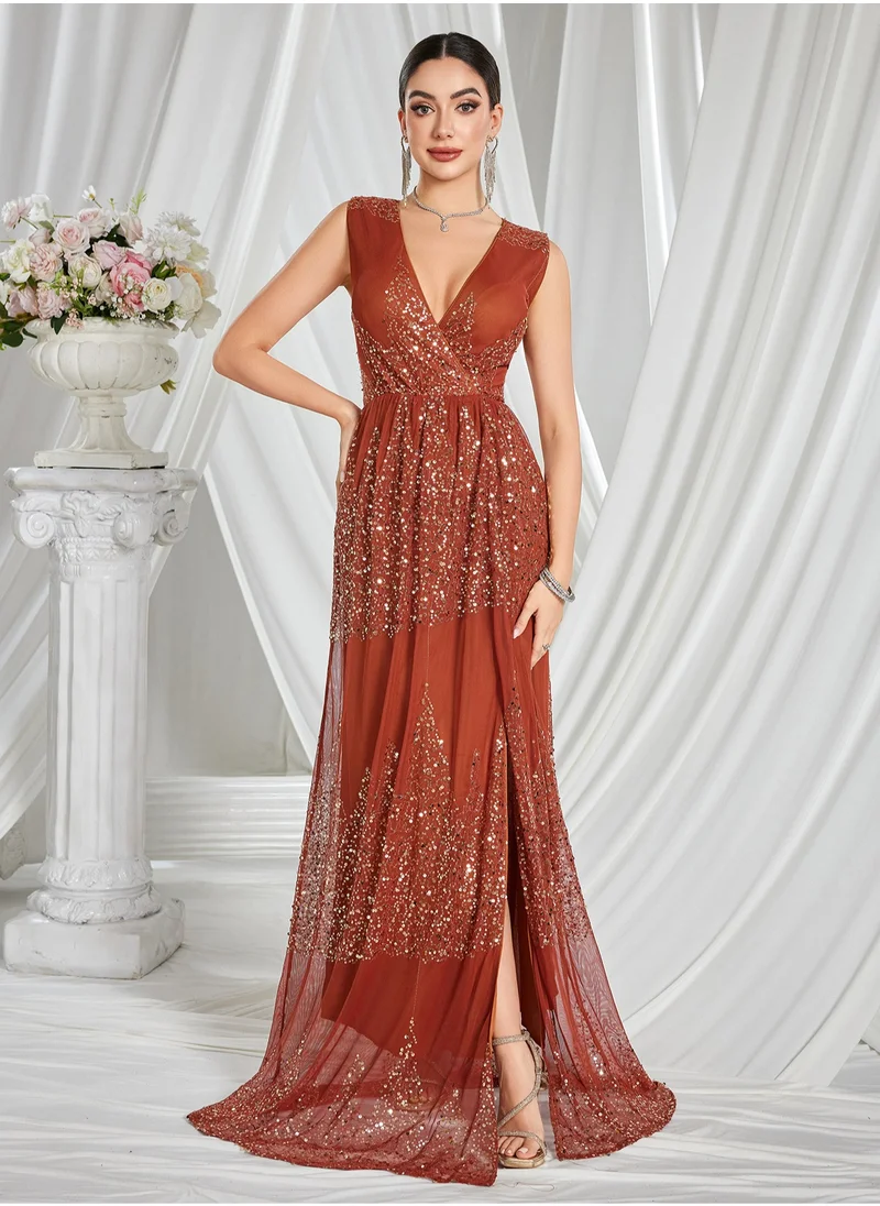 Madam Uniq Elegant V-Neck Sequin Evening Gown