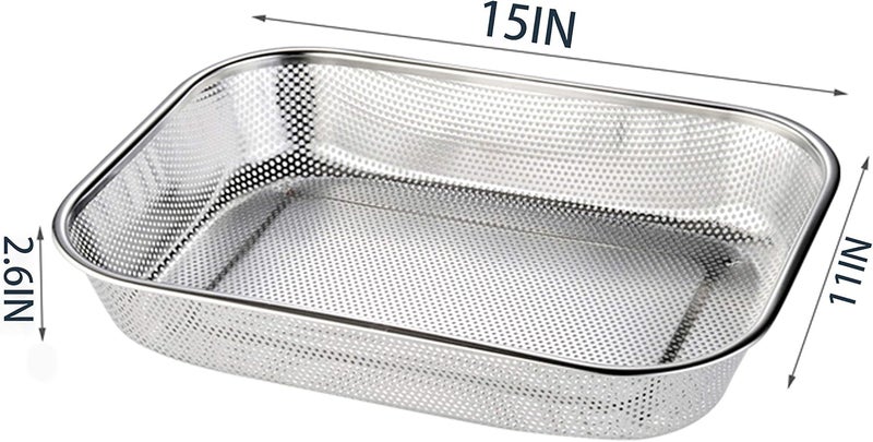 Cedilis 2 Pack Large Stainless Steel Colander Strainer, 6 Quart Mesh Vegetable Washing Basket, Rectangle Drainer Sink Basket for Vegetable Fruit Food (15" x 11" x 2.6") - Image 2