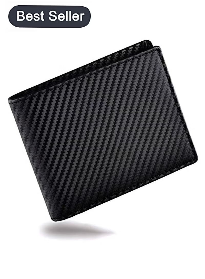 Mens Wallet Multi-functional Casual Tersely Leather Trifold Carbon Fiber Rfid Blocking Card Holder Bifold Stylish Wallets with Id Window Gifts for Men Business Black "PREMIUM QUALITY:The made from han - Image 1