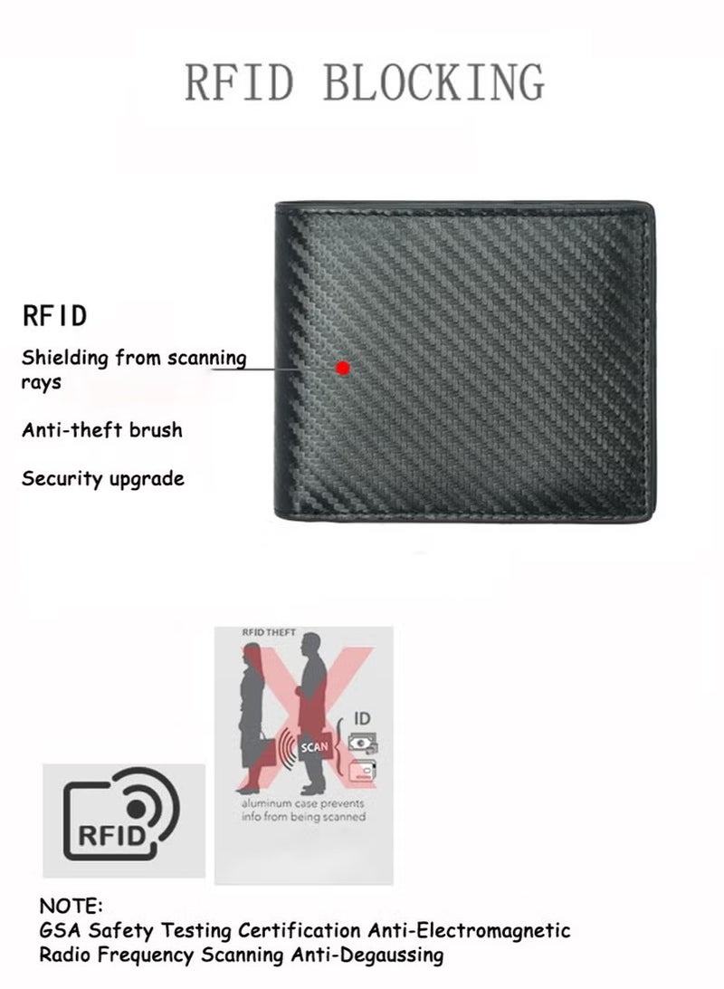 Mens Wallet Multi-functional Casual Tersely Leather Trifold Carbon Fiber Rfid Blocking Card Holder Bifold Stylish Wallets with Id Window Gifts for Men Business Black "PREMIUM QUALITY:The made from han - Image 3