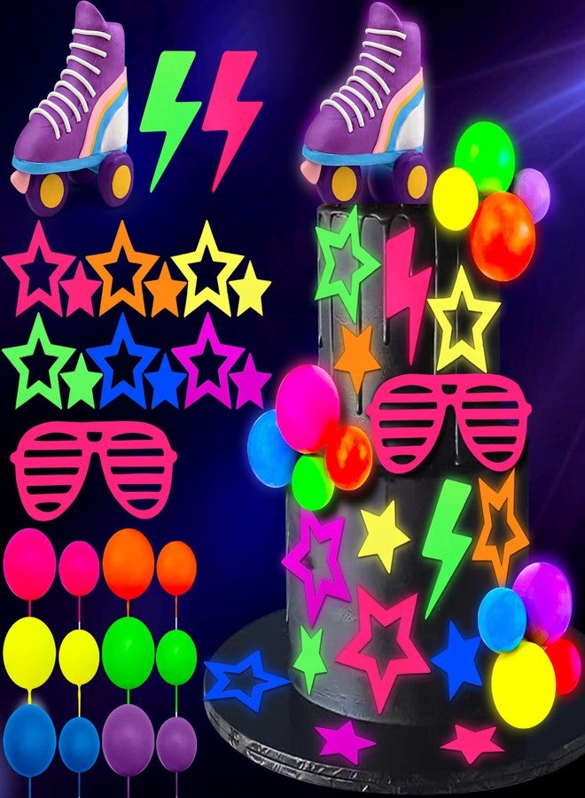 SPFYunion 28 PCS Glow Ball Cake Topper 80s 90s Cake Toppers Set with Star Roller Skates Glasses and Lightning Decor Retro Cupcake Toppers for Neon Retro Birthday Party Supplies - Image 1