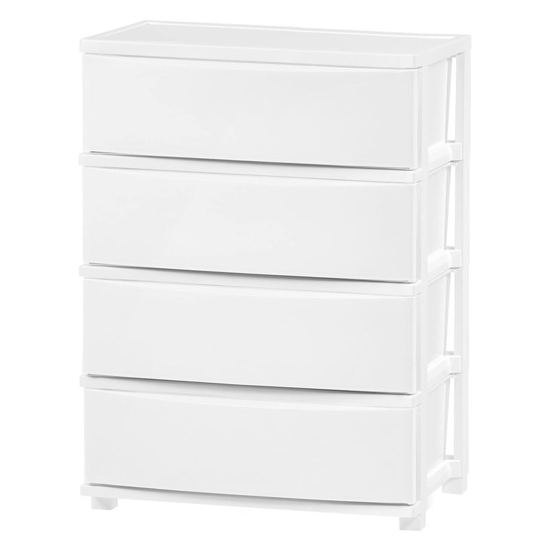 IRIS منظم تخزين الأدراج البلاستيكي IRIS USA 4 أدراج لوازم الفن في الفصول الدراسية خزانة الحمام غرفة النوم غرفة الغسيل إطار أبيض عريض مع لوحات أمامية بيضاء غير لامعة