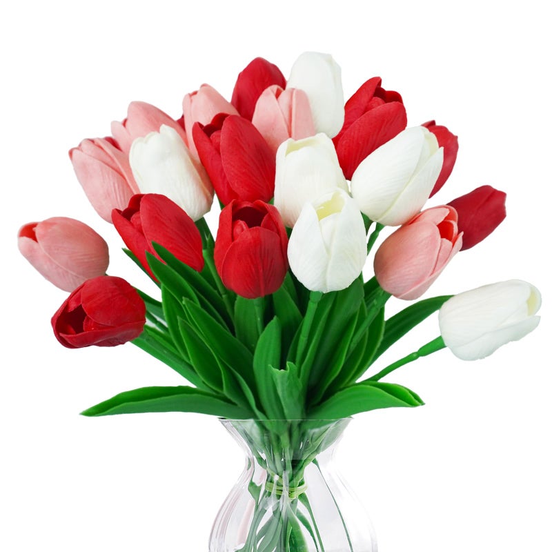 Ruidazon 18 Pcs Real Touch Tulips Artificial Flowers, Faux Tulips White Pink Red Fake Tulips Flowers for Table Centerpiece Vase Bouquet Home Kitchen Wedding Decorations - Image 1