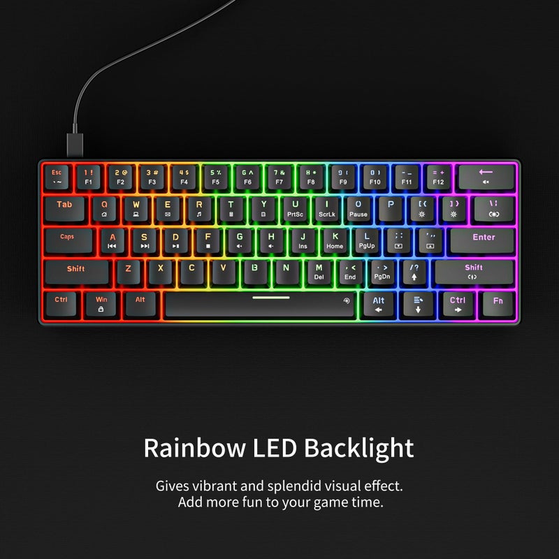 Newmen GM611 Mechanical Keyboard,Rainbow LED Backlit Gaming Wired Keyboards Compact Mini 61 Keys Portable 60 Percent Mechanical Keyboard with Black Keycaps,for Windows Laptop PC Linear Red Switches - Image 2
