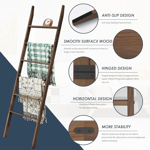 Delywh Acacia Wood 6-Tier Blanket Ladder, 5.7FT(66.5'') Blanket Quilt Towel Holder Rack Decorative Ladder Wooden, Easy Assembly, Rustic Farmhouse Ladder Shelf for the Living Room Bedroom Bathroom Home Decor - Image 2