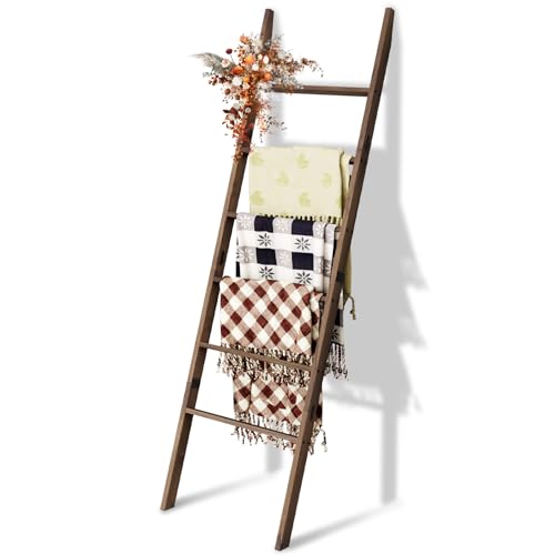 Delywh Acacia Wood 6-Tier Blanket Ladder, 5.7FT(66.5'') Blanket Quilt Towel Holder Rack Decorative Ladder Wooden, Easy Assembly, Rustic Farmhouse Ladder Shelf for the Living Room Bedroom Bathroom Home Decor - Image 1