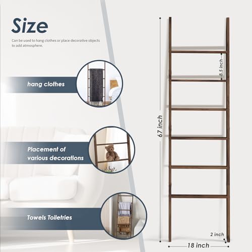 Delywh Acacia Wood 6-Tier Blanket Ladder, 5.7FT(66.5'') Blanket Quilt Towel Holder Rack Decorative Ladder Wooden, Easy Assembly, Rustic Farmhouse Ladder Shelf for the Living Room Bedroom Bathroom Home Decor - Image 4