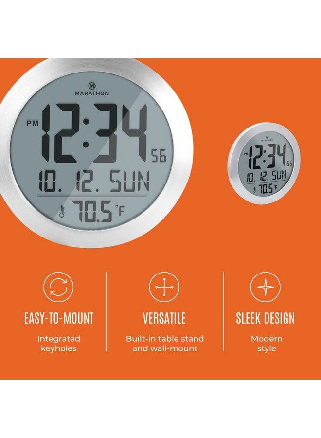 MARATHON 8-Inch Round Digital Wall Clock, Stainless Steel - Large, Easy-to-Read Display - AM/PM or 24-Hour Time, Eight Time Zones, Indoor Temperature, Date - Image 3