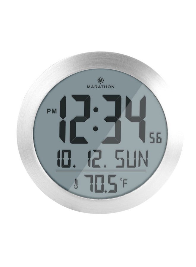 MARATHON 8-Inch Round Digital Wall Clock, Stainless Steel - Large, Easy-to-Read Display - AM/PM or 24-Hour Time, Eight Time Zones, Indoor Temperature, Date - Image 1