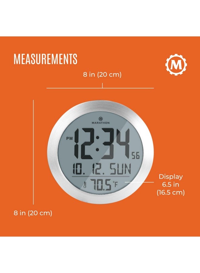 MARATHON 8-Inch Round Digital Wall Clock, Stainless Steel - Large, Easy-to-Read Display - AM/PM or 24-Hour Time, Eight Time Zones, Indoor Temperature, Date - Image 5