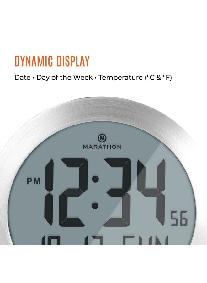 MARATHON 8-Inch Round Digital Wall Clock, Stainless Steel - Large, Easy-to-Read Display - AM/PM or 24-Hour Time, Eight Time Zones, Indoor Temperature, Date - Image 4