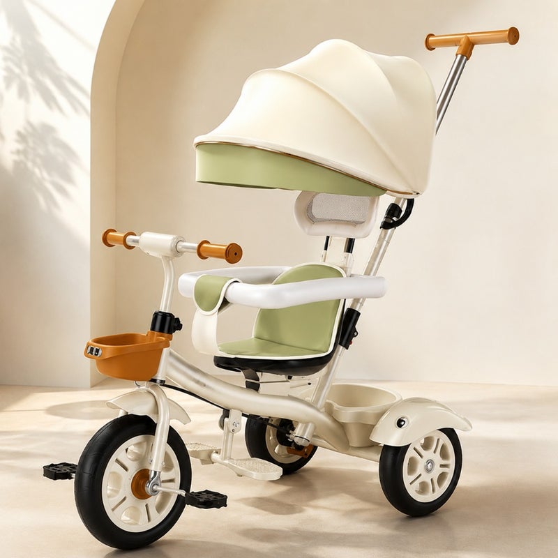 Baby tricycle for indoor and outdoor use, PP plastic frame with green finish, ultra-stable 3-wheel design with adjustable push handle and rotatable seat - Image 1