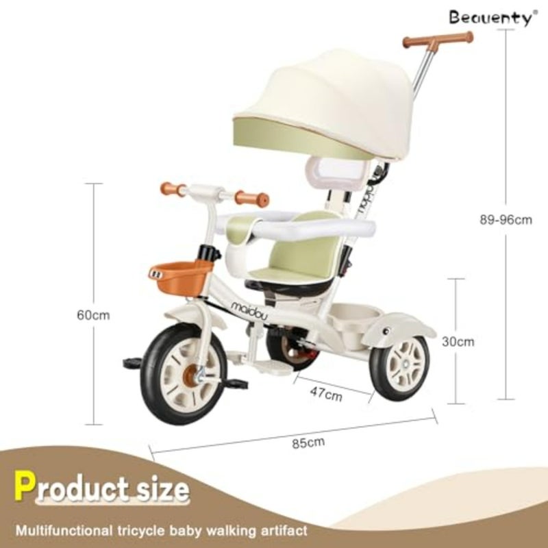 Baby tricycle for indoor and outdoor use, PP plastic frame with green finish, ultra-stable 3-wheel design with adjustable push handle and rotatable seat - Image 4