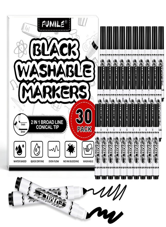 FUMILE 30 Pcs Black Washable Markers Bulk, Markers for Kids,Broad Line Conical Tip Coloring Marker Bulk for Student,Back to School Supplies, Teacher Classroom Must Haves & Essentials - Image 1