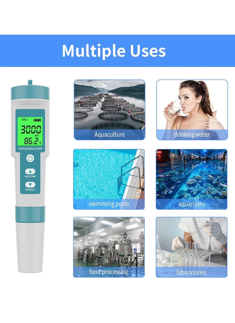 مقياس جودة المياه الرقمي 8 في 1 (pH، TDS، EC، ملوحة، ORP، H2، S.G ودرجة الحرارة) لاختبار ملوحة المسبح ومقياس pH للمياه مع شاشة LCD مضيئة، أدوات اختبار للمسبح، المياه المالحة، والمياه البحرية