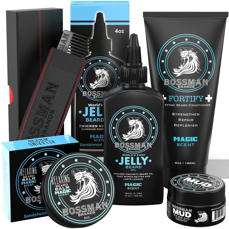 Bossman Complete Beard Kit Mens Beard Oil Jelly Fortifying Shower Conditioner Balm Mustache Wax Comb Beard Softener Grooming Care Magic Scent