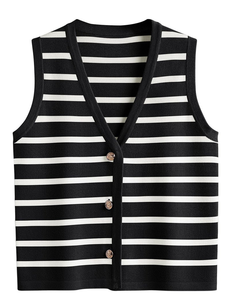 LILLUSORY Vest Tops for Women Striped Sweater Vest 2024 Fall Crochet Cropped Button Up Work Tank Top Outfits Y2K Clothes - Image 1