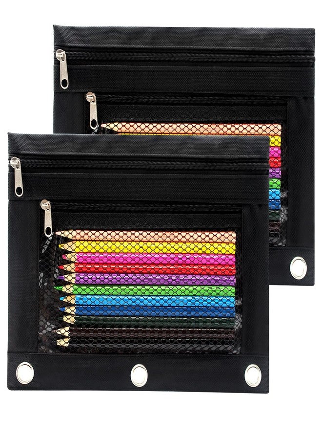 Cinvo Pencil Pouch 3 Ring Binder Pouch Zippered Pencil Case Canvas Pencil Bag with 2 Compartments (Set of 2, Black) - Image 1