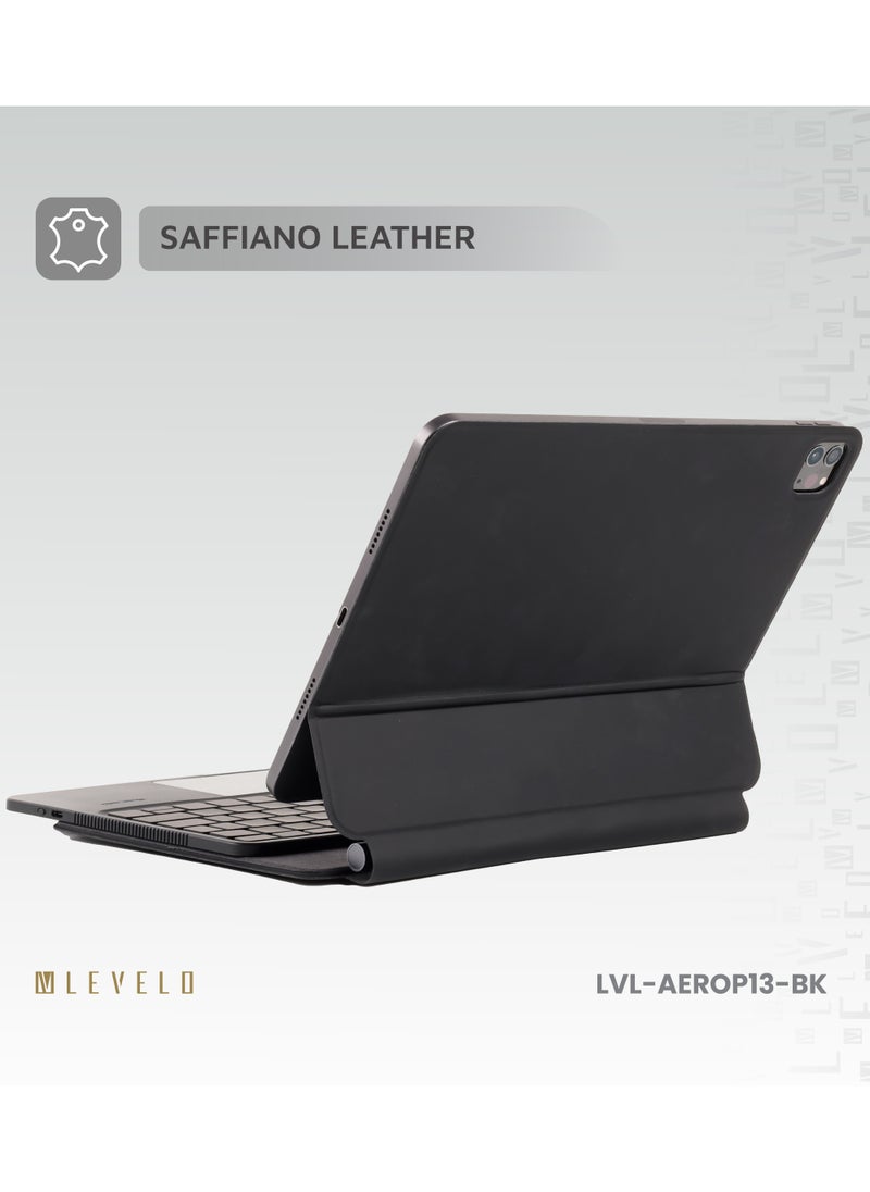 ليفيلو لوحة مفاتيح آيباد برو 13 بوصة 2024 لاسلكية  AeroBoard Pro الجلد السافيانو / مفاتيح تقنية الأقدام المقصية / مفتاح مقص / تصميم محمول / تخطيط التوهج المحيط - أسود  - Image 5