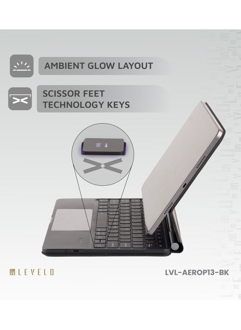 ليفيلو لوحة مفاتيح آيباد برو 13 بوصة 2024 لاسلكية  AeroBoard Pro الجلد السافيانو / مفاتيح تقنية الأقدام المقصية / مفتاح مقص / تصميم محمول / تخطيط التوهج المحيط - أسود  - Image 4
