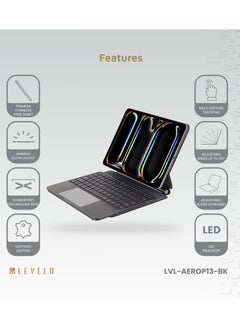 LEVELO iPad Pro 13" 2024 Wireless Keyboard AeroBoard Pro Saffiano Leather Keyboard / Scissor Feet Technology Keys / Scissor Switch / Portable Design / Ambient Glow Layout - Black  - Image 2