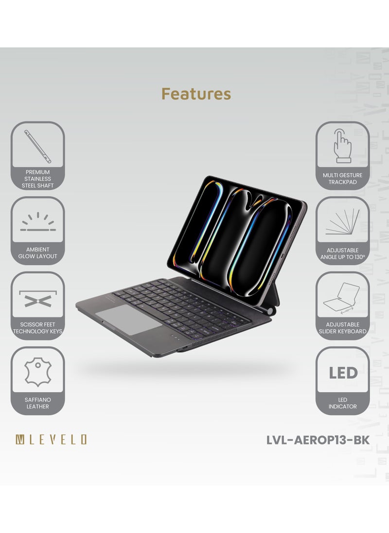 ليفيلو لوحة مفاتيح آيباد برو 13 بوصة 2024 لاسلكية  AeroBoard Pro الجلد السافيانو / مفاتيح تقنية الأقدام المقصية / مفتاح مقص / تصميم محمول / تخطيط التوهج المحيط - أسود  - Image 2