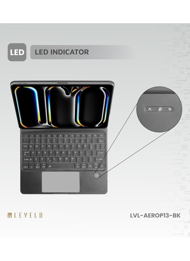 ليفيلو - لوحة مفاتيح آيباد برو 13 بوصة 2024 لاسلكية  AeroBoard Pro الجلد السافيانو / مفاتيح تقنية الأقدام المقصية / مفتاح مقص / تصميم محمول / تخطيط التوهج المحيط - أسود - Image 1