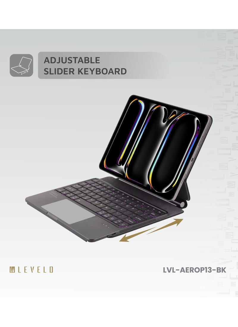 ليفيلو - لوحة مفاتيح آيباد برو 13 بوصة 2024 لاسلكية  AeroBoard Pro الجلد السافيانو / مفاتيح تقنية الأقدام المقصية / مفتاح مقص / تصميم محمول / تخطيط التوهج المحيط - أسود - Image 1