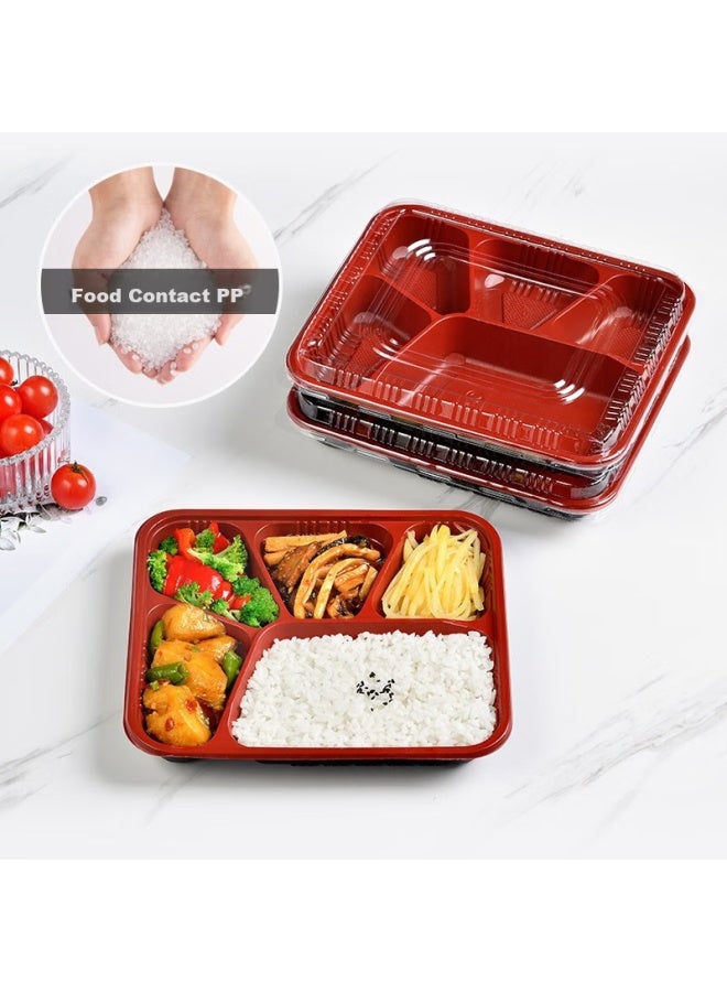 Temeiju Disposable Food Containers, Five Compartments, Thickened With Lids, Takeout Boxes, Black And Red, 100 Sets, 1000 Model, Microwave Safe - Image 1