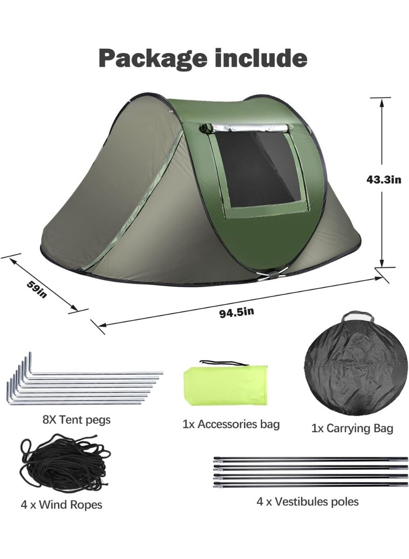 Arabest Pop Up Camping Tent, 2-3 Person Shelter with Dual Door Vestibules, Green | Sets up in 1 second with SPF 50 silver-coated fabric, 2000mm light-rain protection, mesh doors, windows and carry bag. - Image 2