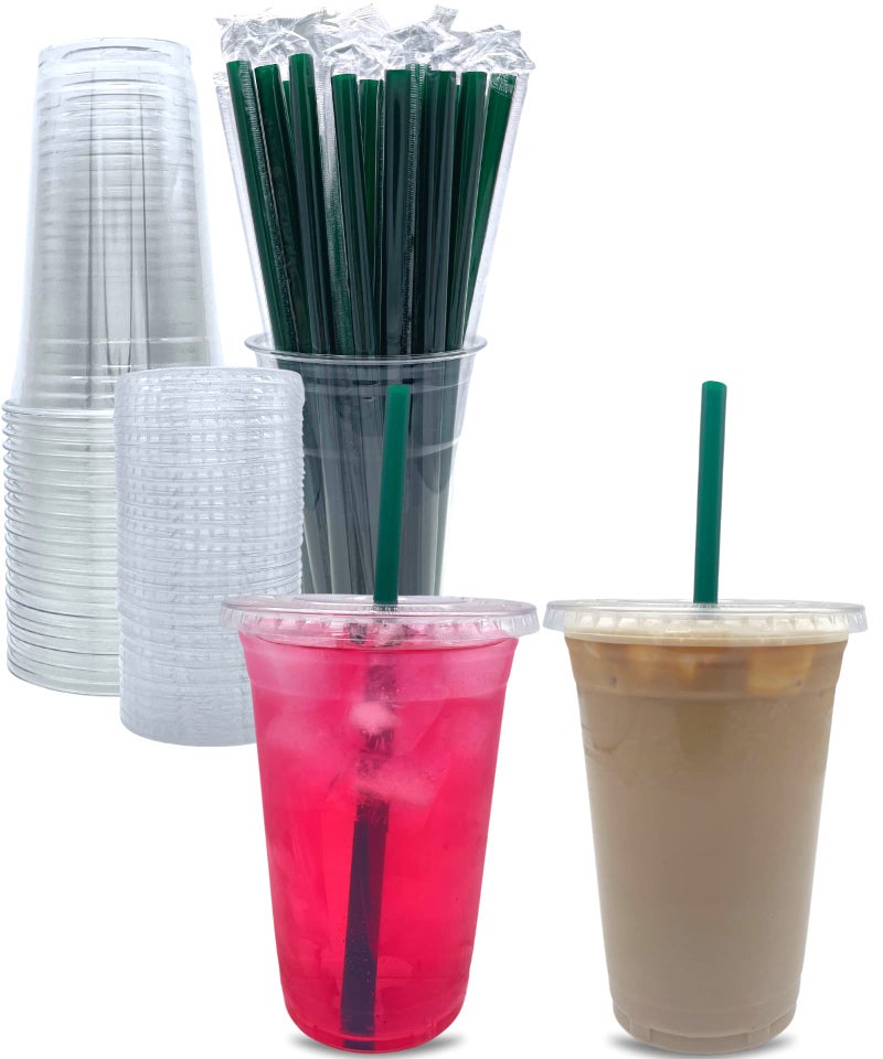 100 Sets 24 oz Clear Plastic Cups with Lids and STRAWS Disposable Party Cups for To Go Iced Coffee Cold Drinks Smoothie Juice Parfait Frappuccino Milkshake No Leaking Fruit Cup