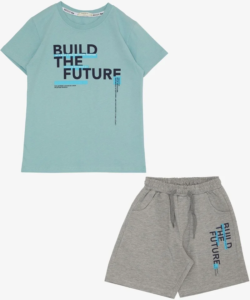Breeze Boy's Shorts Set with Text Printed Pockets, Age 8-14, Water Green