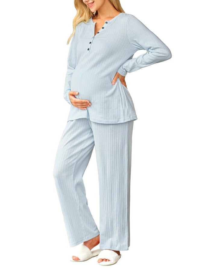 OUGES 100% Cotton Womens Maternity Nursing Pajamas Sets 2 Piece Pregnancy Delivery Postpartum Lounge Pjs with Pockets, Light Blue, XL - Image 1