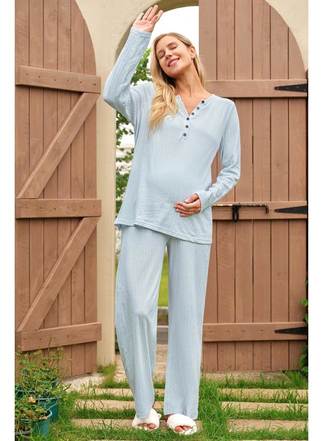OUGES 100% Cotton Womens Maternity Nursing Pajamas Sets 2 Piece Pregnancy Delivery Postpartum Lounge Pjs with Pockets, Light Blue, XL - Image 3