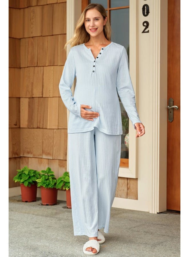 OUGES 100% Cotton Womens Maternity Nursing Pajamas Sets 2 Piece Pregnancy Delivery Postpartum Lounge Pjs with Pockets, Light Blue, XL - Image 2