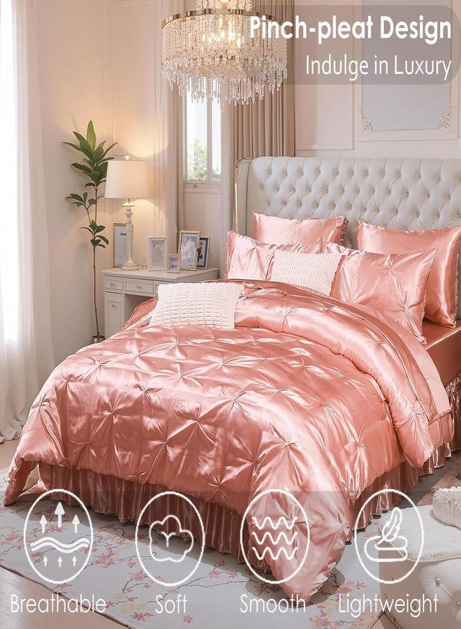 Bedbay Pink Satin Queen Comforter Set 10 Pcs,Bed in a Bag Queen,Pinch Pleat Bedding Set,Home Decor,Pintuck Luxury Bed Comforter Set,Soft Silky Down Alternative Comforter Bed Set for All Seasons - Image 2