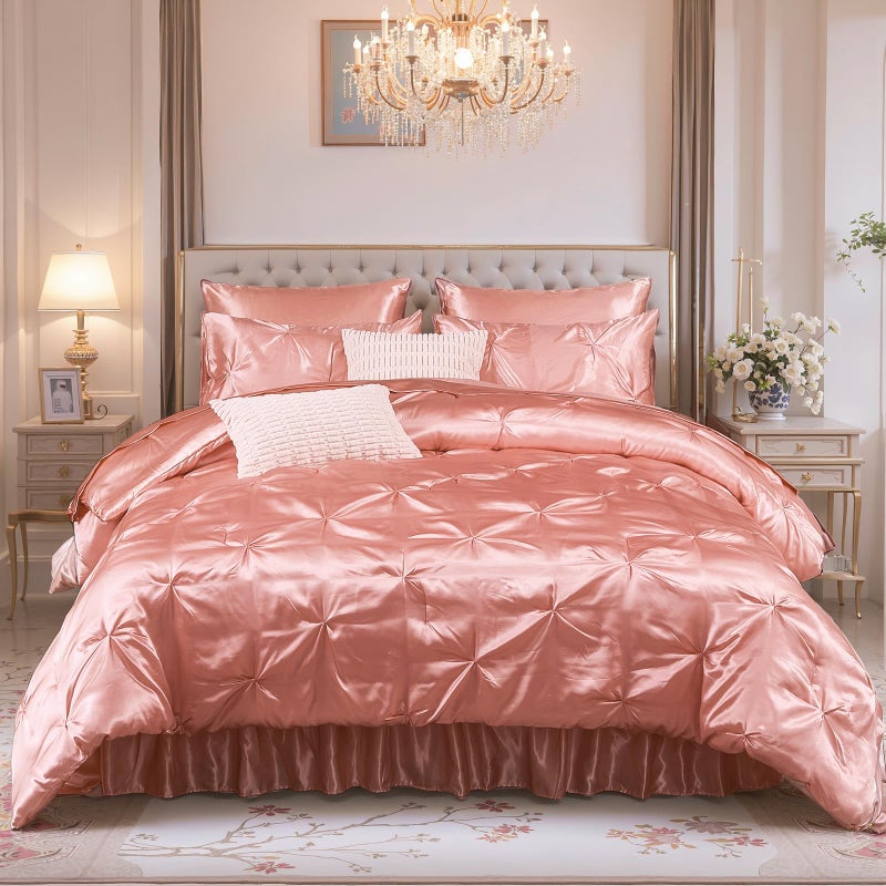 Bedbay Pink Satin Queen Comforter Set 10 Pcs,Bed in a Bag Queen,Pinch Pleat Bedding Set,Home Decor,Pintuck Luxury Bed Comforter Set,Soft Silky Down Alternative Comforter Bed Set for All Seasons - Image 1
