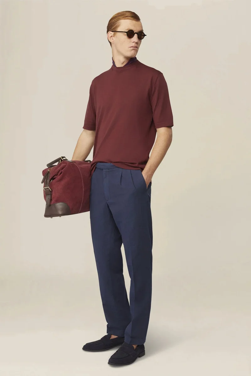 دوبل غانغر Men's knitted T-shirt in 100% cotton crepe - Wine